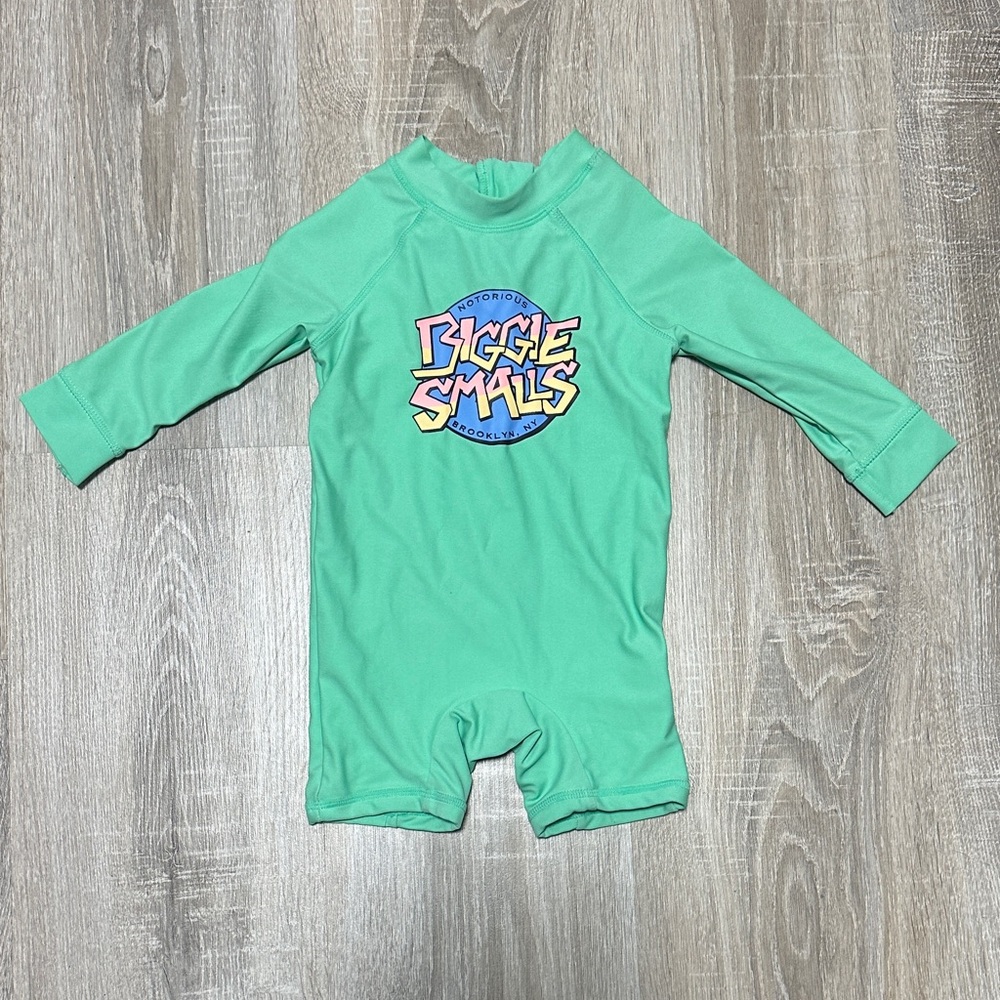 Biggie Smalls Graphic Mint Green Kids Rash Guard Swimsuit